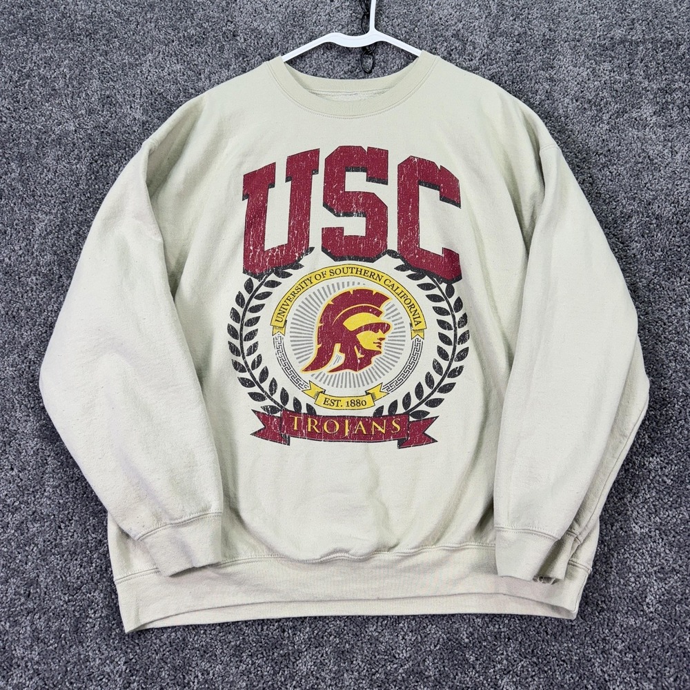 USC Trojans Sweatshirt Mens Large Beige NCAA Football Goodie Two Sleeves